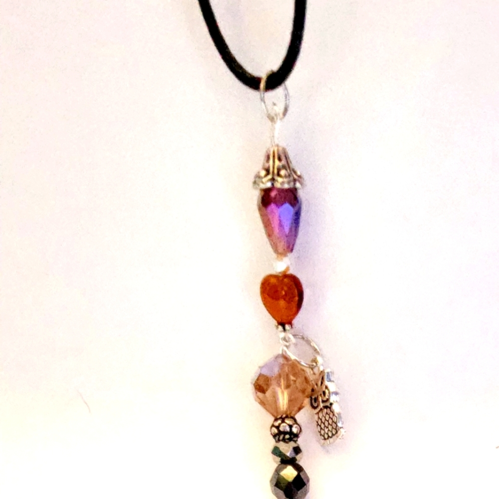 Hand crafted necklace owl pendant colorful glass Crystals
